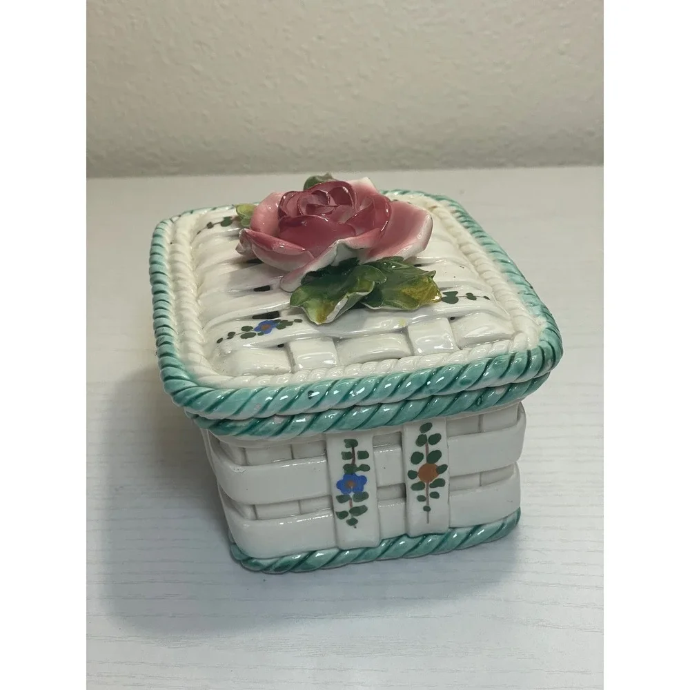 Vintage Italy Ceramic Rose Basket‎ Trinket Box Hand Painted Cottagecore Decor